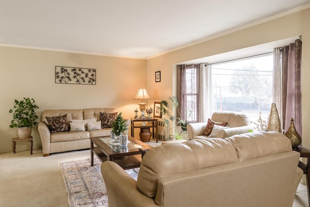 living room featuring light carpet and ornamental molding