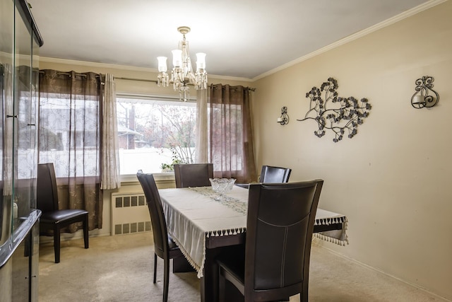 carpeted dining space featuring ornamental molding, radiator, and an inviting chandelier