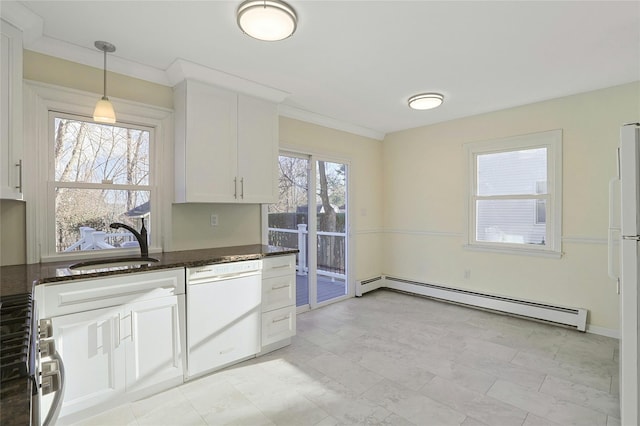 kitchen with white cabinets, dark stone counters, sink, a baseboard radiator, and dishwasher