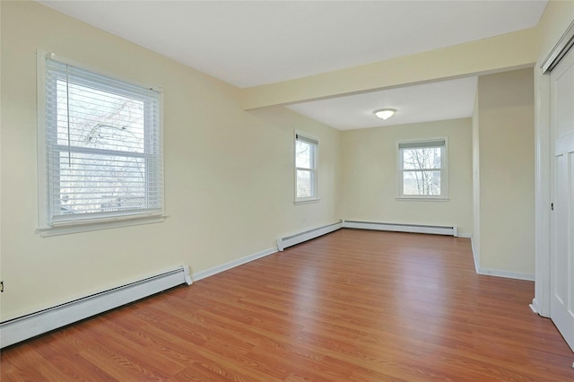 empty room featuring light hardwood / wood-style floors and a baseboard radiator