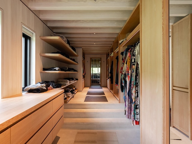 spacious closet featuring beamed ceiling and light wood-type flooring