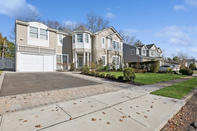 multi unit property with a front yard and a garage