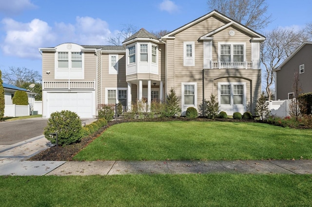 view of front of property with a front yard, a balcony, and a garage