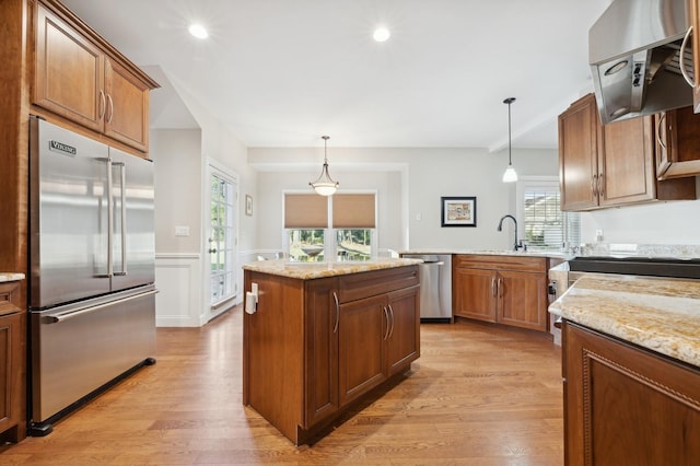 kitchen with exhaust hood, a wealth of natural light, stainless steel appliances, and light wood-type flooring