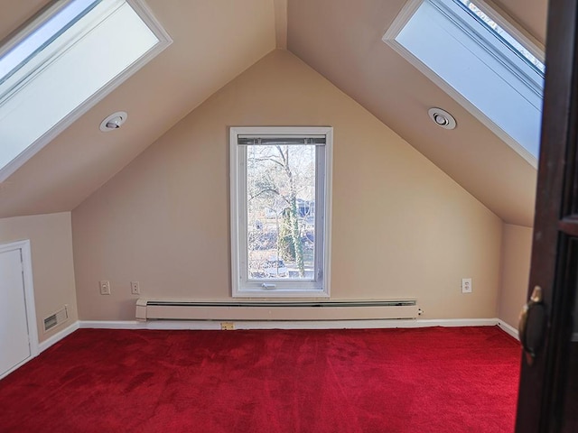 bonus room featuring vaulted ceiling with skylight, carpet flooring, and a baseboard radiator