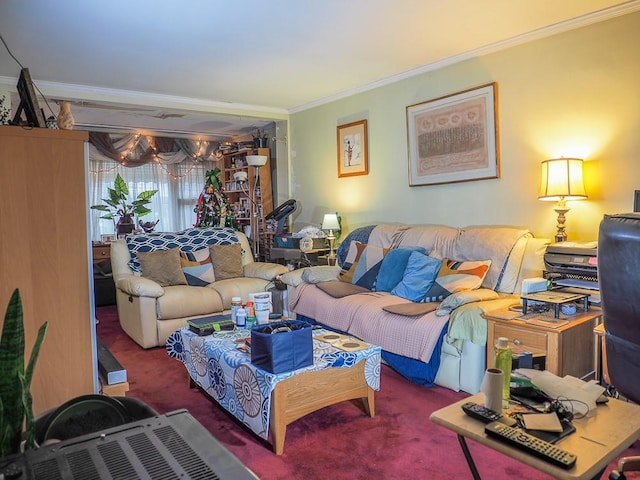 living room with carpet flooring and crown molding