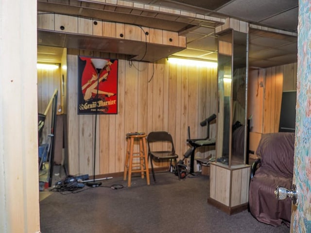 basement featuring wooden walls