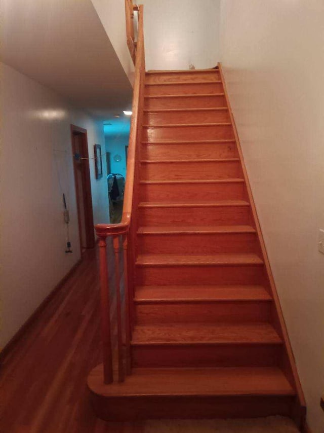 stairway with hardwood / wood-style flooring