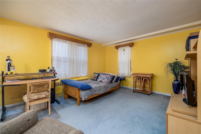 bedroom featuring carpet flooring and a textured ceiling