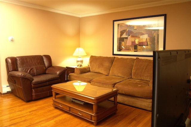 living room featuring a baseboard radiator, crown molding, and light wood-type flooring