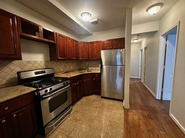 kitchen with decorative backsplash, sink, light hardwood / wood-style floors, and appliances with stainless steel finishes