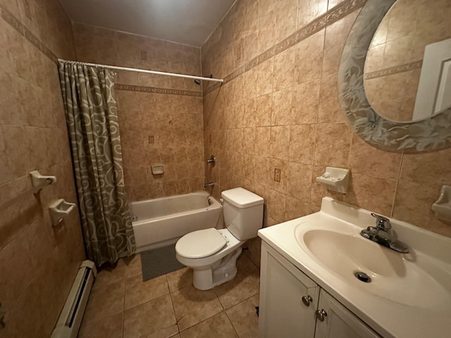 full bathroom with shower / bath combination with curtain, tile patterned floors, tile walls, and a baseboard heating unit