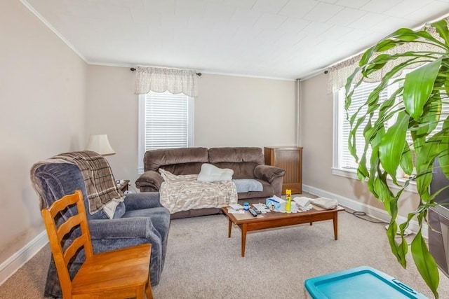 carpeted living room with ornamental molding