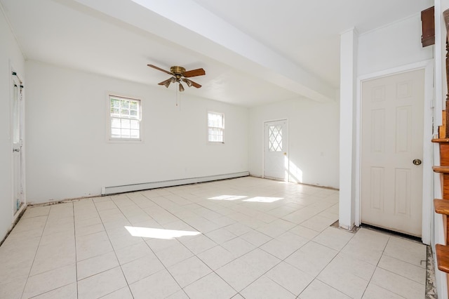 tiled spare room featuring beam ceiling, ceiling fan, and a baseboard heating unit