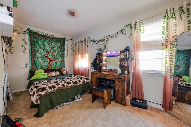 carpeted bedroom featuring ornamental molding