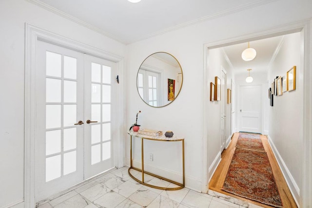 doorway to outside featuring french doors and crown molding