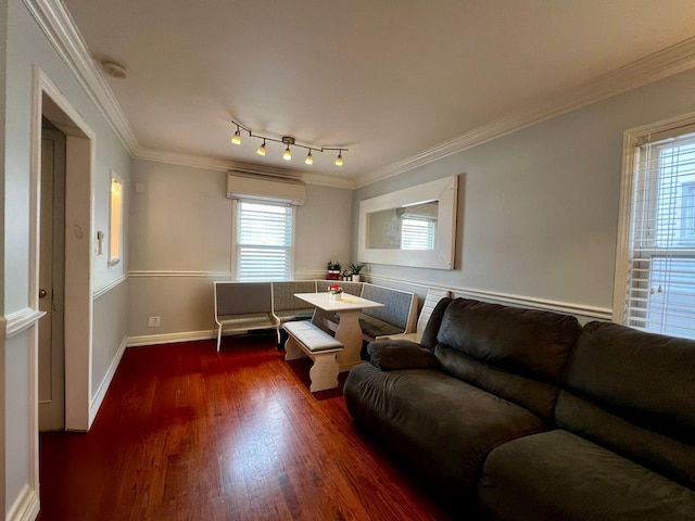 living room with an AC wall unit, a wealth of natural light, crown molding, and dark hardwood / wood-style floors