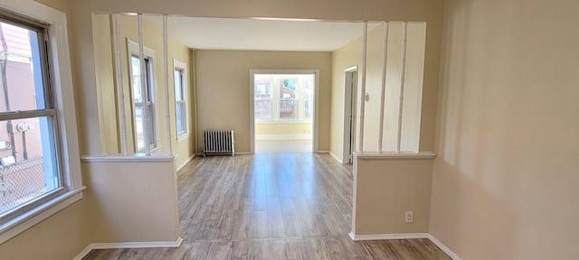 hallway featuring plenty of natural light, radiator, and light hardwood / wood-style flooring