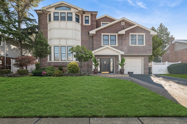 view of front of house with a garage and a front lawn