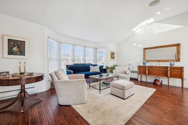 living room with dark wood-type flooring, radiator heating unit, a baseboard radiator, and vaulted ceiling