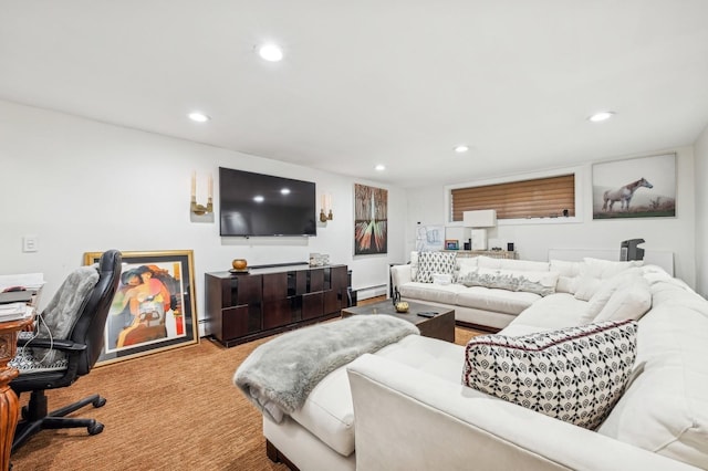 living room featuring light colored carpet and baseboard heating