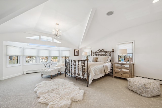 carpeted bedroom with high vaulted ceiling, a baseboard heating unit, and an inviting chandelier