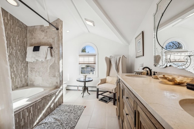 bathroom with baseboard heating, vanity, vaulted ceiling, tile patterned floors, and toilet