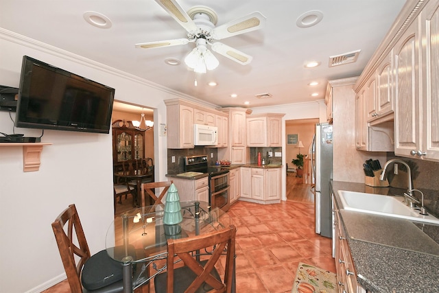 kitchen featuring stainless steel appliances, tasteful backsplash, crown molding, and sink