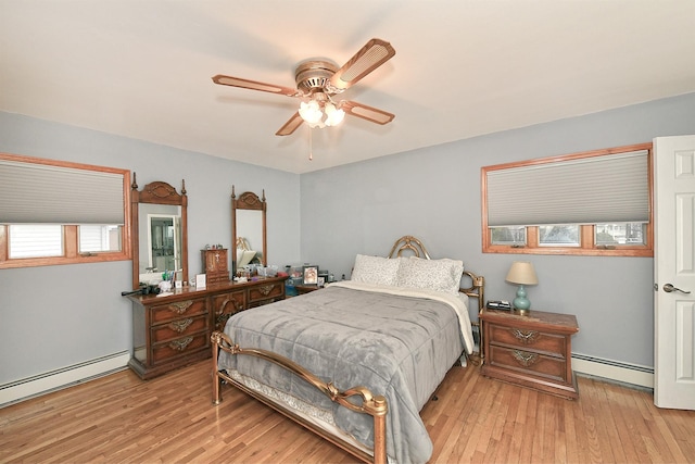 bedroom with ceiling fan, light hardwood / wood-style flooring, and a baseboard radiator