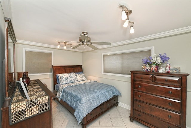 tiled bedroom featuring ceiling fan and crown molding