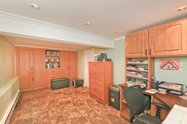 home office with baseboard heating and crown molding