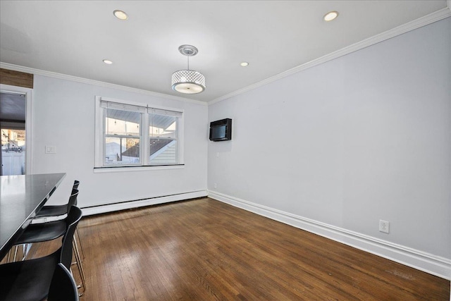 unfurnished dining area with a wall mounted AC, a baseboard radiator, dark hardwood / wood-style floors, and ornamental molding