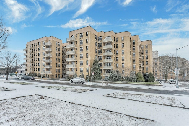 view of snow covered building