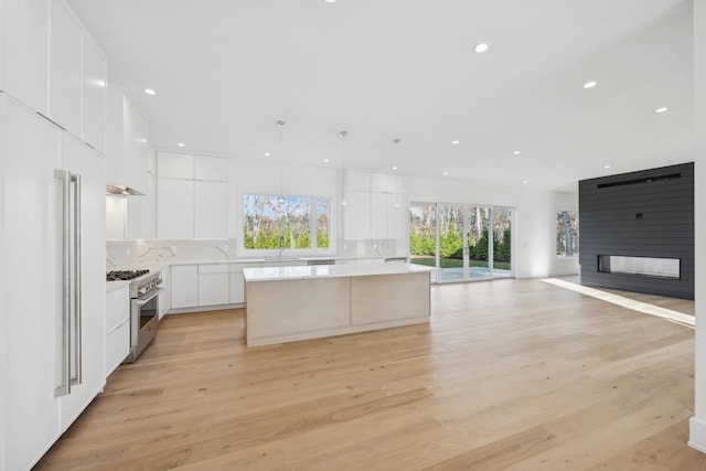 kitchen featuring pendant lighting, a center island, light wood-type flooring, premium appliances, and white cabinetry