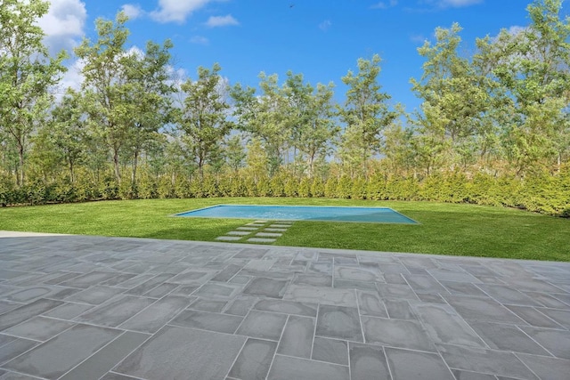 view of swimming pool featuring a yard