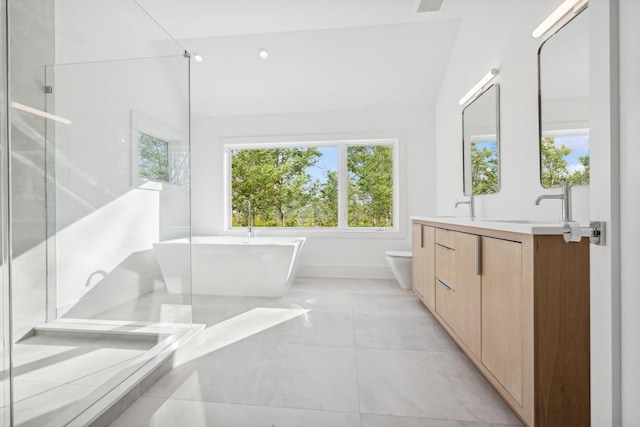 full bathroom featuring toilet, vanity, vaulted ceiling, and plus walk in shower