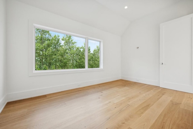 spare room featuring plenty of natural light, lofted ceiling, and light wood-type flooring