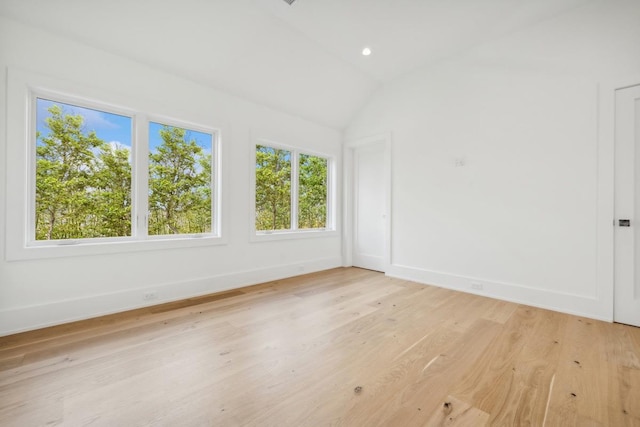 empty room featuring light hardwood / wood-style flooring, vaulted ceiling, and a wealth of natural light