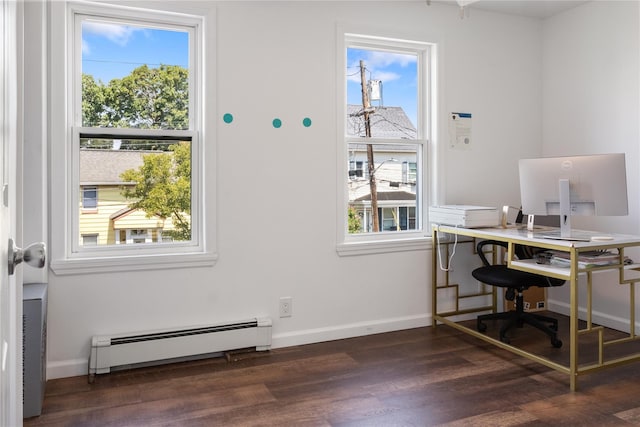 office area featuring dark hardwood / wood-style flooring, plenty of natural light, and a baseboard radiator