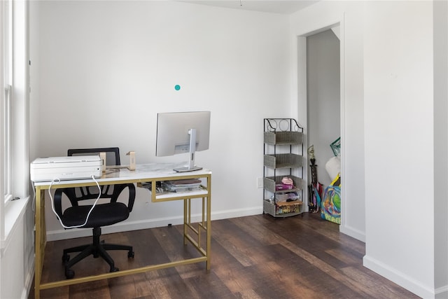 home office with dark hardwood / wood-style flooring