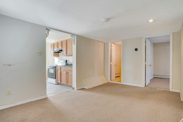 interior space with light carpet and a baseboard radiator