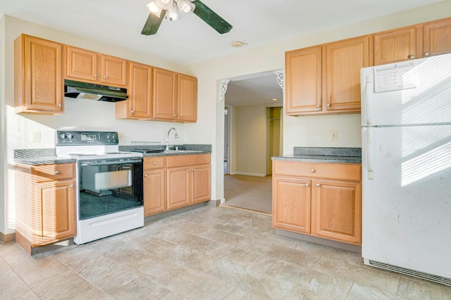 kitchen featuring ceiling fan, white appliances, and sink