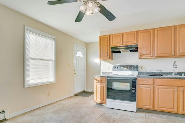 kitchen featuring ceiling fan, sink, a baseboard radiator, electric stove, and light tile patterned floors