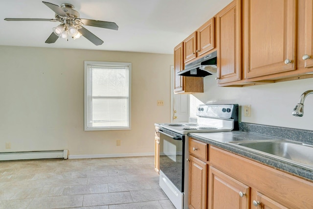 kitchen with white electric range, a baseboard radiator, ceiling fan, and sink