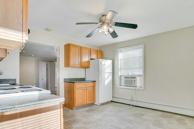 kitchen with cooling unit, ceiling fan, a baseboard heating unit, white refrigerator, and stovetop