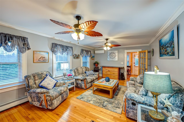 living room featuring light wood-type flooring, a wall unit AC, baseboard heating, crown molding, and ceiling fan