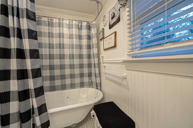 bathroom with tile patterned floors and shower / bath combination with curtain