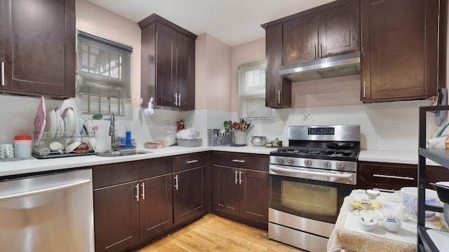 kitchen featuring decorative backsplash, appliances with stainless steel finishes, dark brown cabinets, sink, and light hardwood / wood-style floors