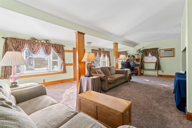 carpeted living room with an AC wall unit, radiator heating unit, and decorative columns