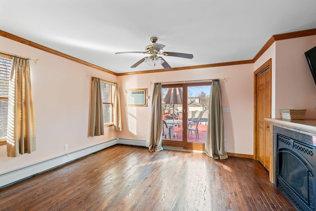 unfurnished living room with a baseboard radiator, wood finished floors, baseboards, ornamental molding, and a wall mounted AC